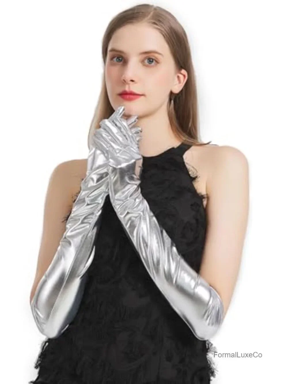 Metallic Elbow Length Gloves Women Costume Opera Cosplay Faux Leather